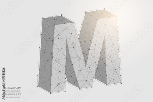 Volumetric 3D letters dark gray on a white background. Consist of triangles, circles, lines, points and spider webs. Vector illustration eps 10.
