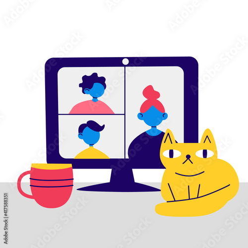 Video call stock vector concept. Computer monitor, people on display, cat, desk. Connection, online conference, team work, family chat illustration. Cartoon computer and video call app on screen