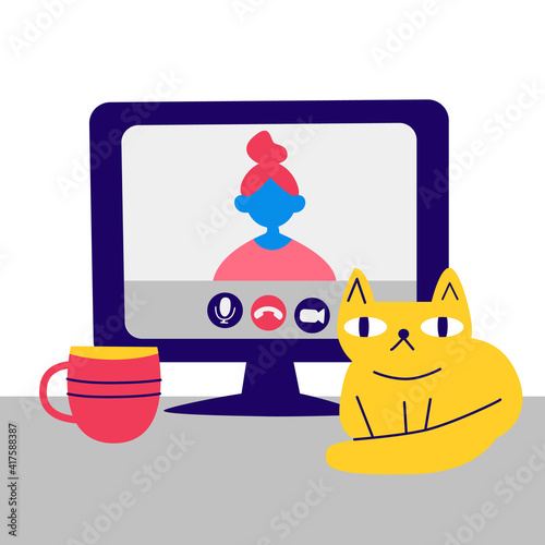 Video call stock vector concept. Computer monitor, woman on display, cat, desk. Connection, online conference, internet work, video chat illustration. Cartoon computer and video call app on screen