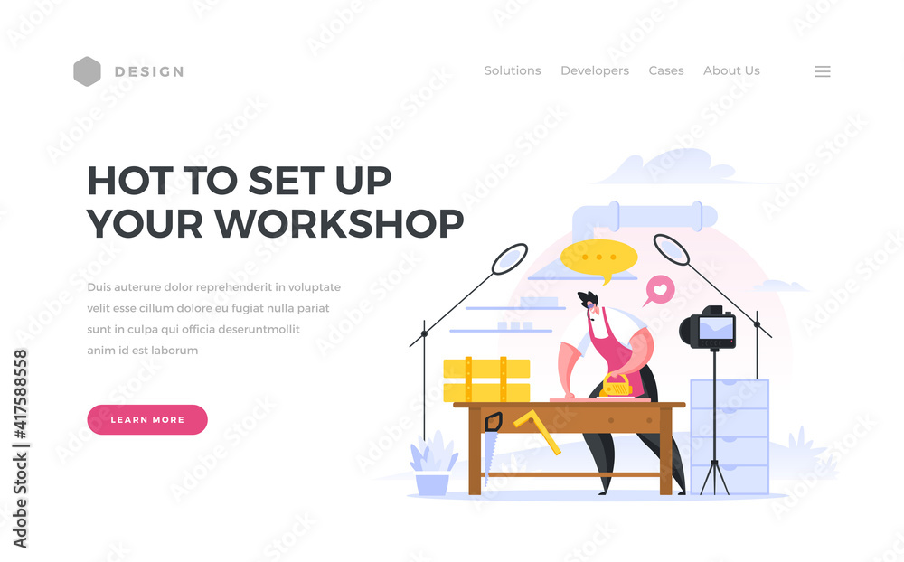 Create your own workshop life hack home page banner. Male character broadcasting online from his carpentry workshop. Create your own workshop life hack home page banner. Male character broadcasting online from his carpentry workshop.