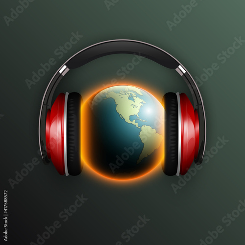 world map headphones. Globe headphone icon, space sunlight. Planet Earth sunny glow background earphones. Continents world Sunshine picture. Colorful solar eclipse earphones poster presentation