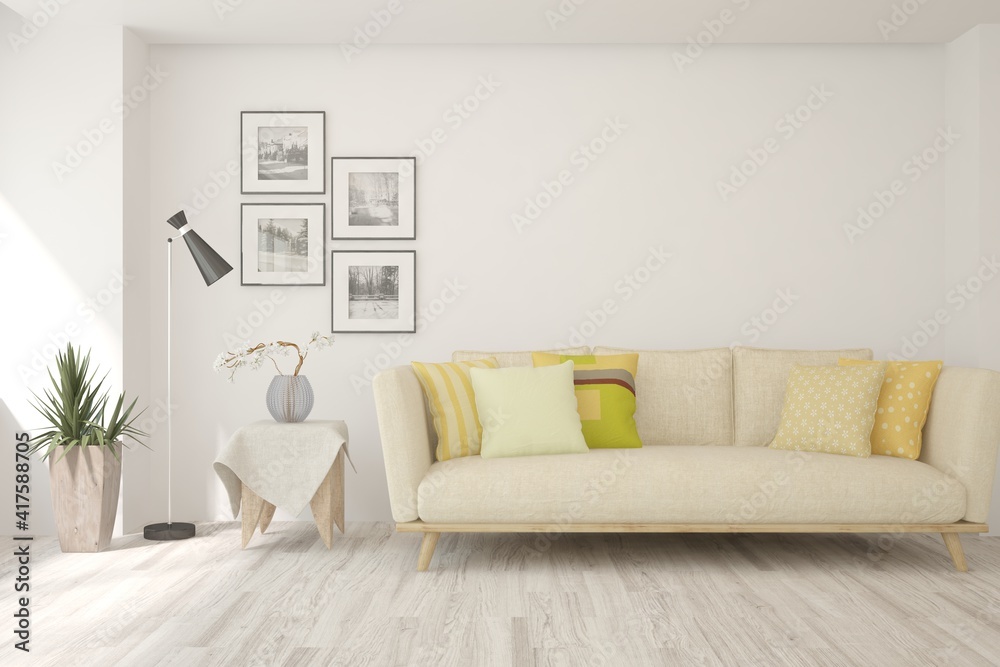 Naklejka premium White living room with sofa. Scandinavian interior design. 3D illustration