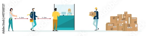 Safe delivery. A courier wearing a medical mask delivers a parcel during quarantine. Delivery of parcels at the post office. Safe delivery concept with social distance. Vector illustration