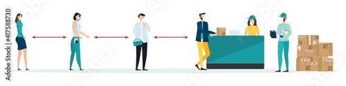 Safe delivery. A courier wearing a medical mask delivers a parcel during quarantine. Delivery of parcels at the post office. Safe delivery concept with social distance. Vector illustration