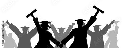 Cheerful graduates in academic square caps with diploma, silhouette. Termination of study at university, college. Education, graduation. Vector illustration. Applied clipping mask, can be change.