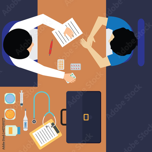 top view of doctor's table in doctor's room full of medical stuff. vector illustration