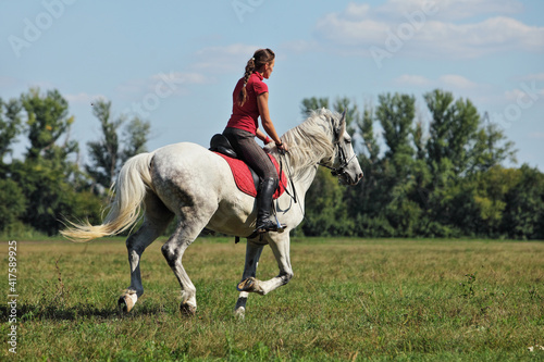 Beautiful  girl riding horseback in summer meadow