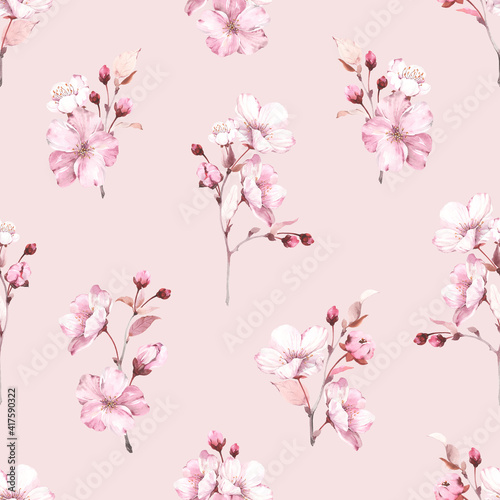 Floral seamless pattern with sakura branches on delicate pink background. Watercolor spring illustration with flowers, buds and leaves cherry blossom.