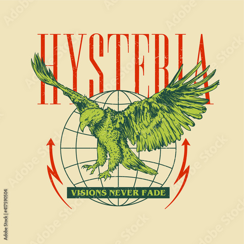 hand drawn eagle and globe illustration with slogan wording quotes for creative uses, print design 