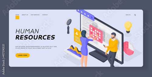 Specialists managers working with data isometric vector illustration. Landing page banner template