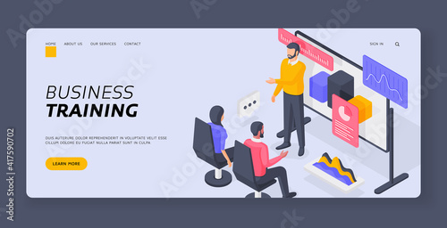 People taking part in business training isometric vector illustration. Banner template
