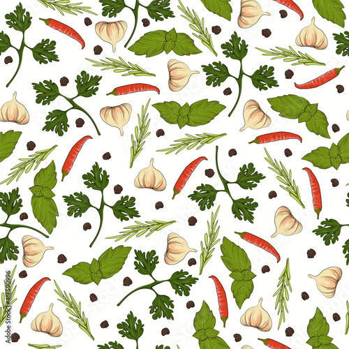Seamless pattern with spices and herbs. Cartoon style vector illustration.