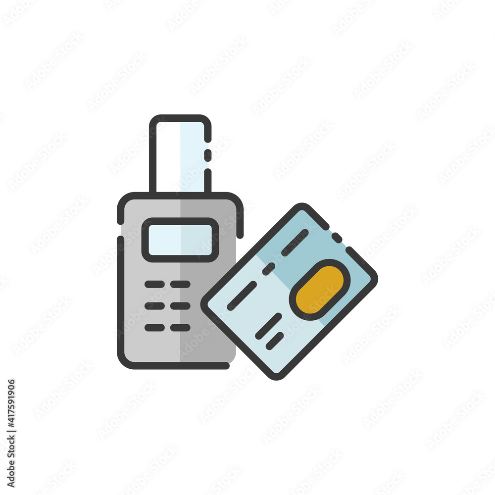 Pay with credit card reader machine. Swiping terminal payment. Contactless. Filled color icon. Commerce vector illustration Pay with credit card reader machine. Swiping terminal payment. Contactless. Filled color icon. Commerce vector illustration