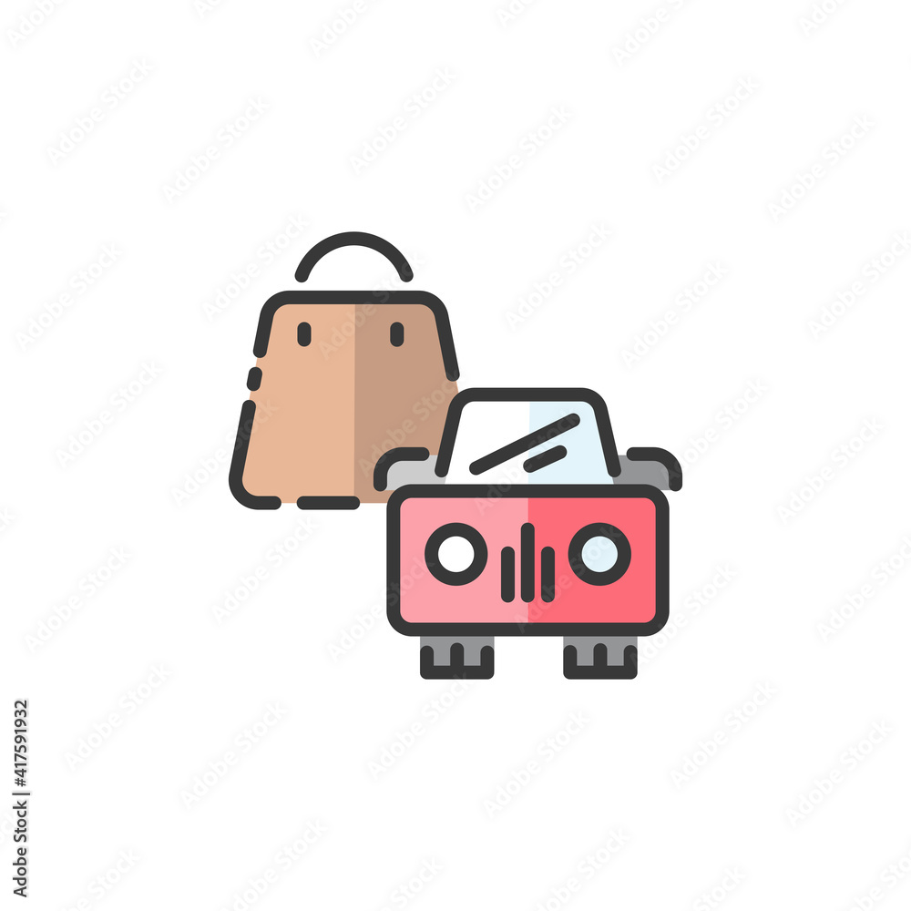Shopping bag and car. Pick up at the store. Filled color icon. Commerce vector illustration Shopping bag and car. Pick up at the store. Filled color icon. Commerce vector illustration