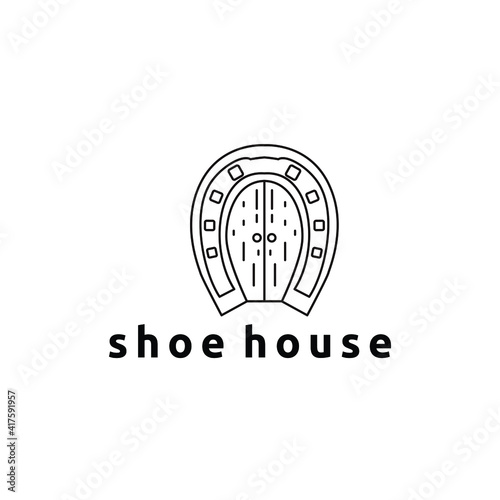 Vintage shoe horse and doors outline logo design vector illustration