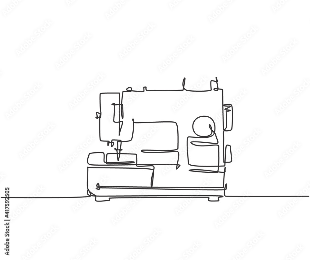 One single line drawing of classic sewing machine home appliance for tailor equipment. Electricity textile factory tools concept. Dynamic continuous line graphic draw design illustration