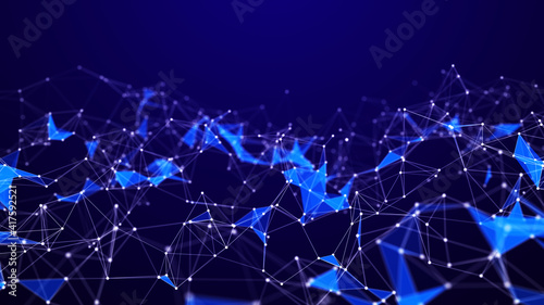 Corrupted network or connection. Abstract digital background of points and lines and triangles. Glowing plexus. Big data. Abstract technology science background. 3d rendering