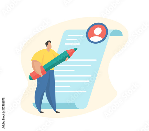 Resume writing. Cartoon character standing next to the resume sheet