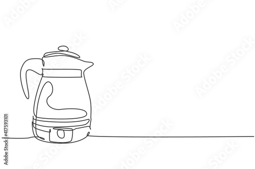 One single line drawing of stainless steel kettle teapot home appliance. Electricity household kitchenware tools concept. Dynamic continuous line draw design graphic vector illustration