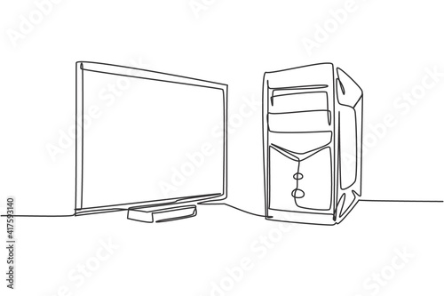 Single continuous line drawing of cpu computer and screen monitor for supporting business. Electronic small home business equipment concept. Modern one line draw design graphic vector illustration
