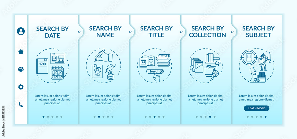 Different types of searching onboarding vector template. Search by date, name, subject, collection. Responsive mobile website with icons. Webpage walkthrough step screens. RGB color concept