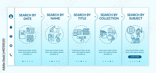 Different types of searching onboarding vector template. Search by date, name, subject, collection. Responsive mobile website with icons. Webpage walkthrough step screens. RGB color concept