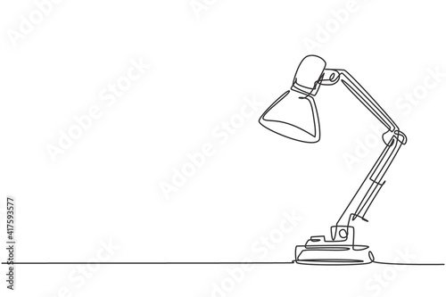 One continuous line drawing of electric metal flexible desk lamp home appliance. Electricity table lamp furniture household concept. Trendy single line draw design vector graphic illustration