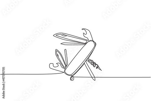 Single continuous line drawing of multi purpose pocket knife for outdoor camping equipment. Multi function tool hover concept. Modern one line draw design graphic vector illustration