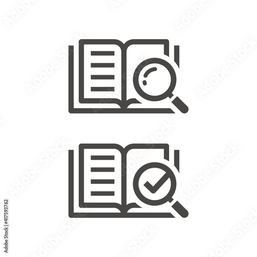 Open book with magnifier and checkmark icon. Manual, instruction and information search symbol with loupe and check mark.