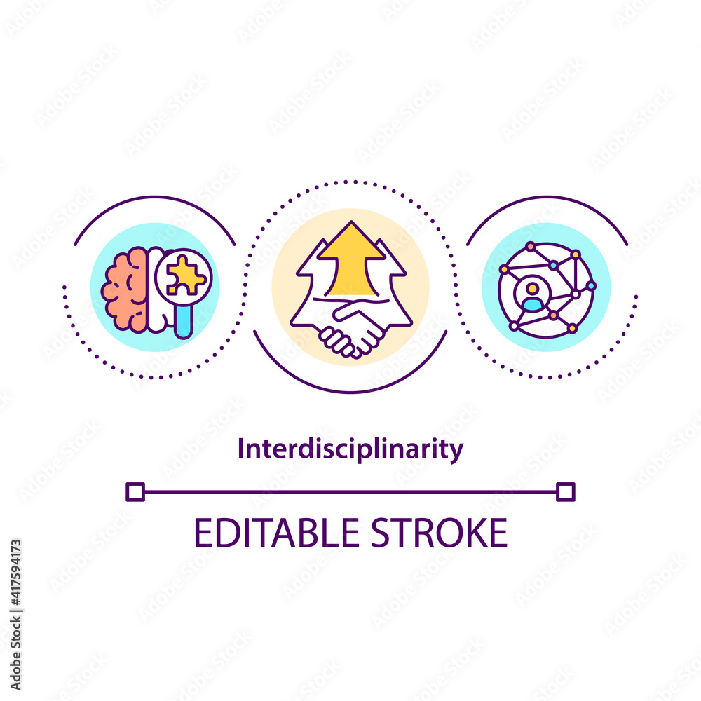 Interdisciplinarity concept icon. Combination of couple academic disciplines into one activity. Discovery idea thin line illustration. Vector isolated outline RGB color drawing. Editable stroke