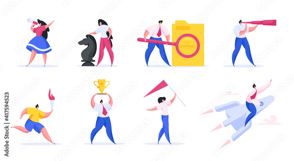 Modern men and women achieving success. Set of flat vector illustration
