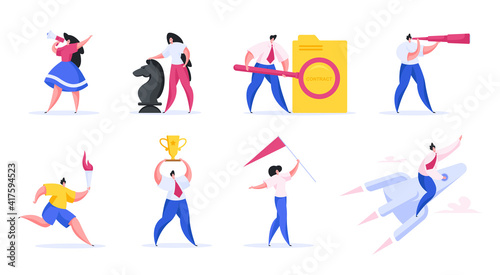 Modern men and women achieving success. Set of flat vector illustration