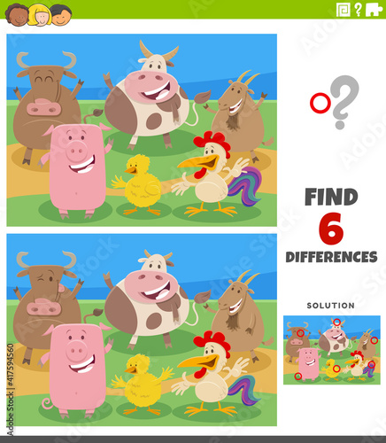 differences educational game with cartoon farm animal characters