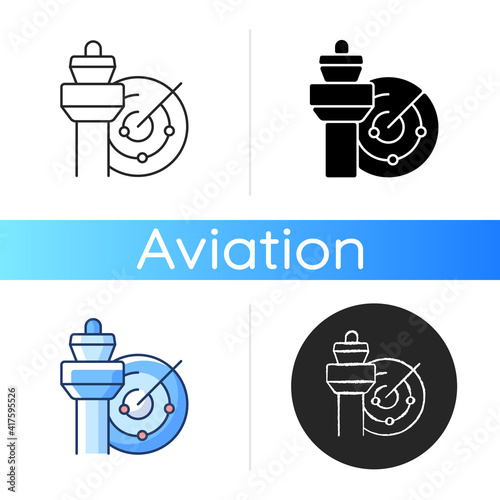 Air traffic control icon. Radar and control tower. Civil aviation safety. Air traffic controller profession. Airlines optimization. Linear black and RGB color styles. Isolated vector illustrations