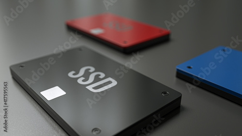 Solid State Drive - SSD Concept, Black, Blue And Red Colored 3 SSD On Black Surface And Selective Focus, 3d Rendering