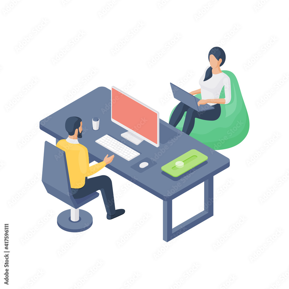 Man and woman using computers in office together Man and woman using computers in office together