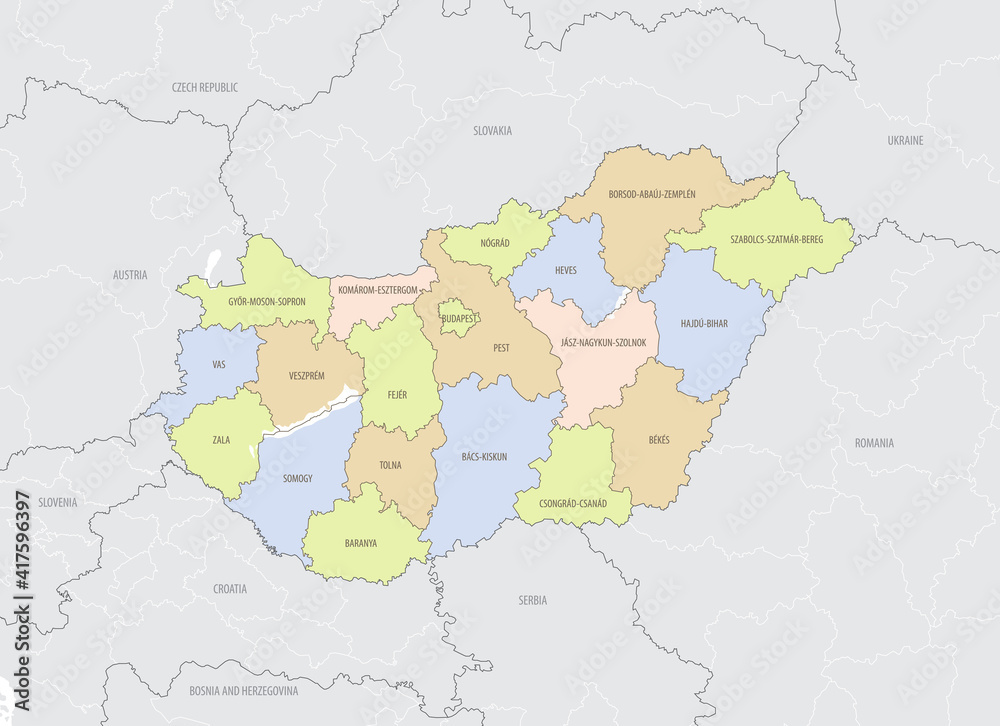 Detailed location map of Hungary in Europe with administrative divisions of the country, vector illustration
