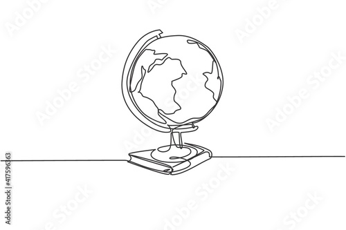 Earth globe above books stack. Single continuous line world global map graphic icon. Simple one line doodle for education concept. Isolated vector illustration minimalist design on white background