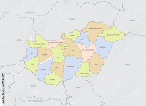 Detailed location map of Hungary in Europe with administrative divisions of the country  vector illustration