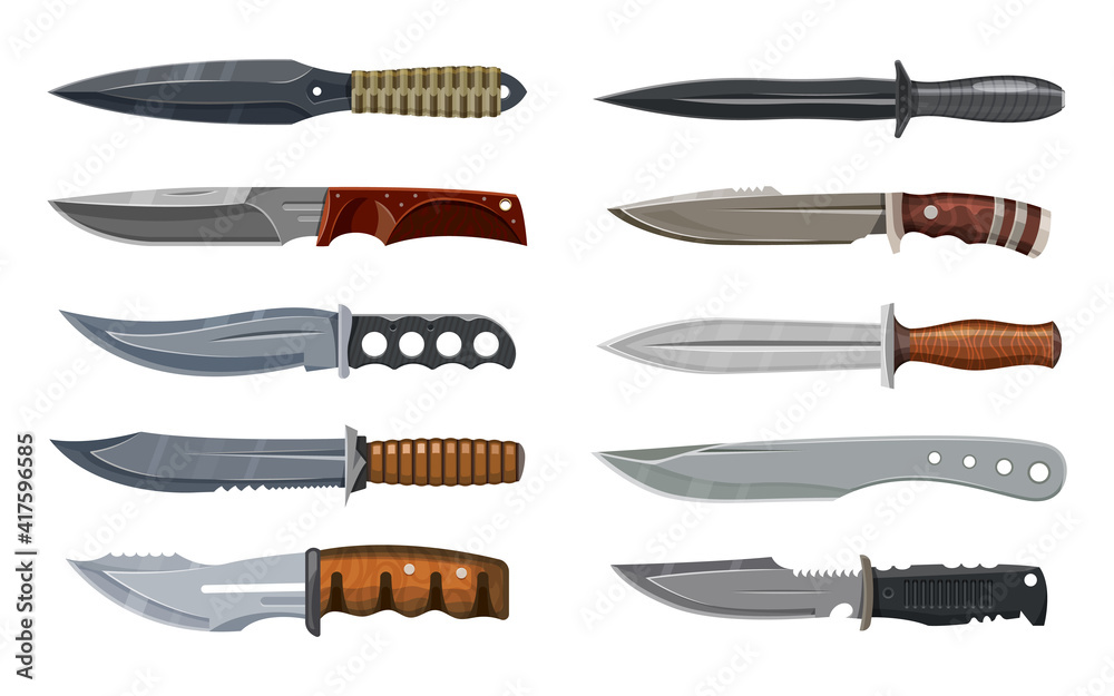 Knives or combat weapon blades, military and hunting daggers, vector