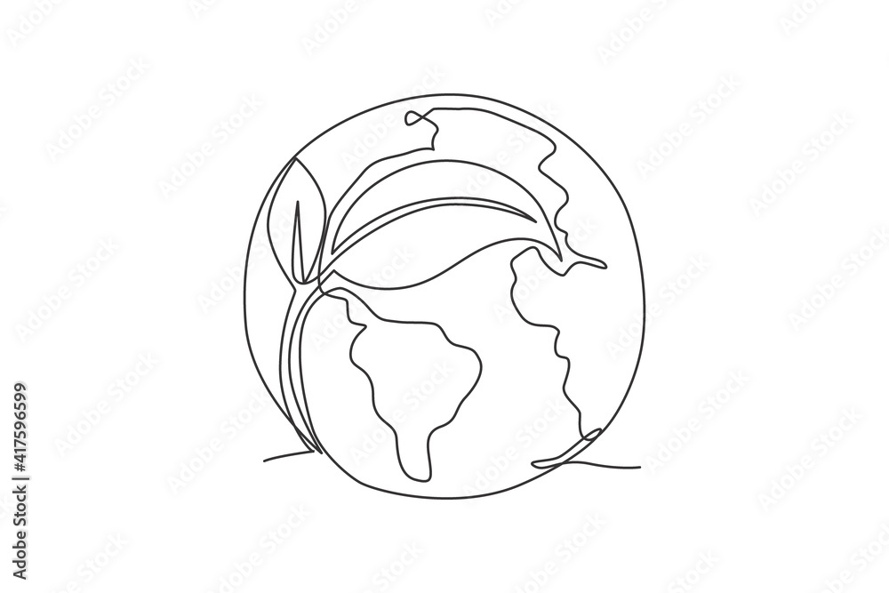 Green Leaf On Globe Single Continuous Line World Natural Global Map Green Leaf On Globe Single Continuous Line World Natural Global Map