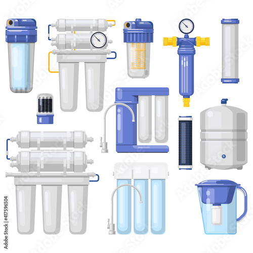 Water filters, drinking water purification and filtration treatment systems, vector. Drinking water dispenser bottle kitchen cooler, pure clean water home facilities, jug pitcher with filter cartridge