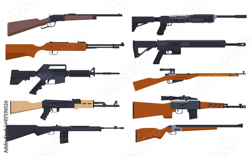 Rifle guns types, military and hunting weapon models, vector isolated set. Sniper firearm or hunter carbine, shotgun rifle machines with optical target, Winchester and Kalashnikov blazer