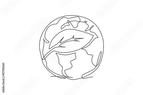 Single one line drawing of green leaf on globe earth. Leaf tree icon for green nature concept. Infographics, save environment campaign isolated on white background. Design vector graphic illustration