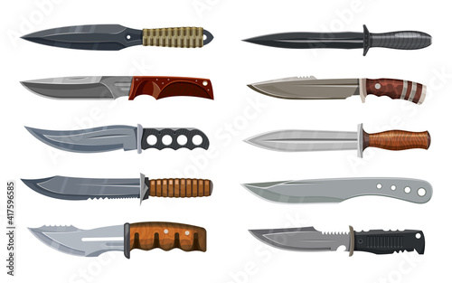 Photo Knives or combat weapon blades, military and hunting daggers, vector different model types