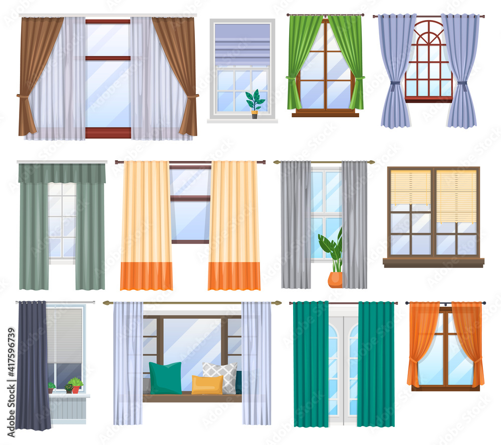 Window and curtains, blind drapes and shutters, vector flat interior of home room. House window and windowsills decor design with classic roller jalousie, modern window frames and pillows on sill