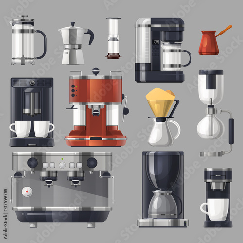Coffee maker machines, cafe and barista brewing tools, vector flat set. Coffee makers and machines, espresso drip pot, french press and filter kettle, coffee grinder and Turkish cezve for cappuccino