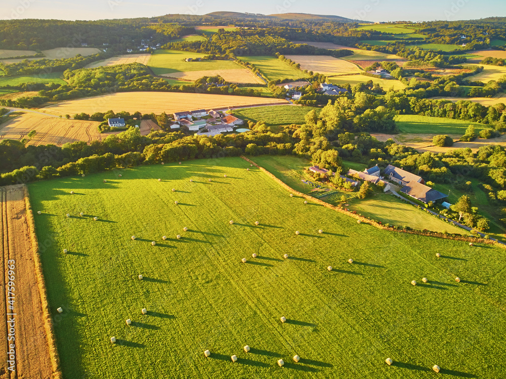 Aerial view of pastures and farmlands in Brittany, France