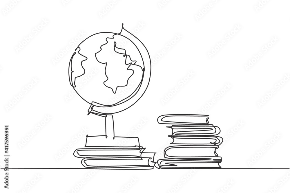 Single one line drawing of globe and stack of books. Earth and book