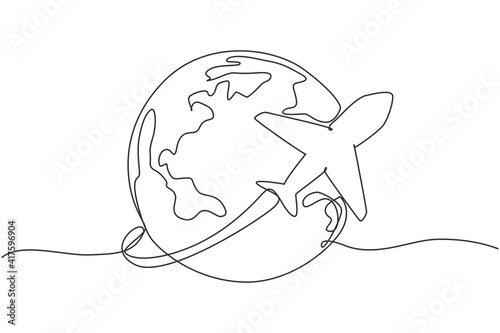 Single one line drawing of airplane fly through the sky. Globe icon silhouette for tours and travel concept. Infographics, business presentation on white background. Design vector graphic illustration
